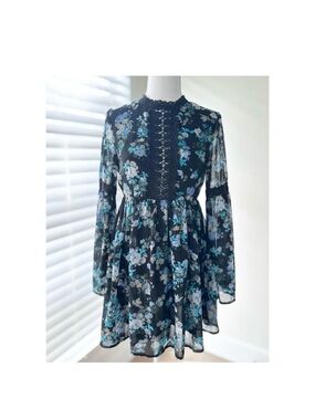 Navy Floral Lace-Front Long Sleeve Mini Dress